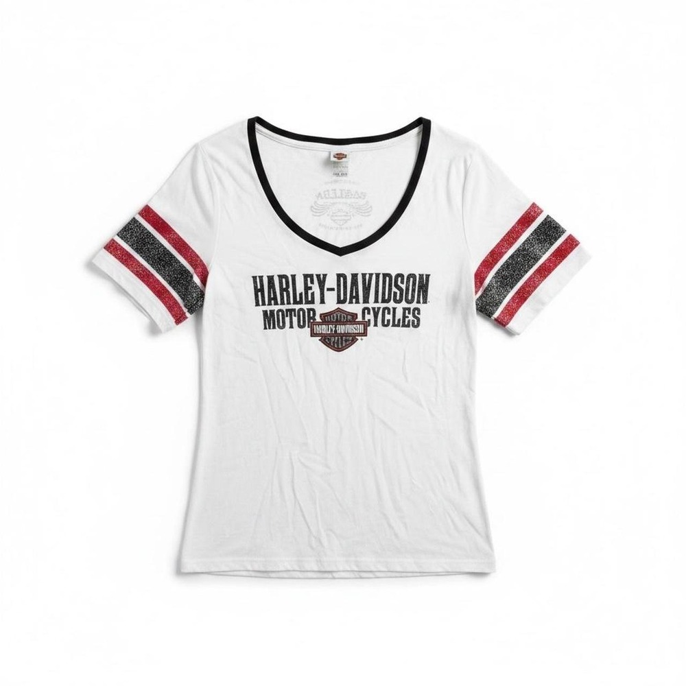 Harley Davidson Eastern white v-neck w/ striped sleeves and Harley-Davidson logo